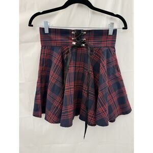 Romwe Goth Plaid Lace Up Mini Skirt Red Black Size Small